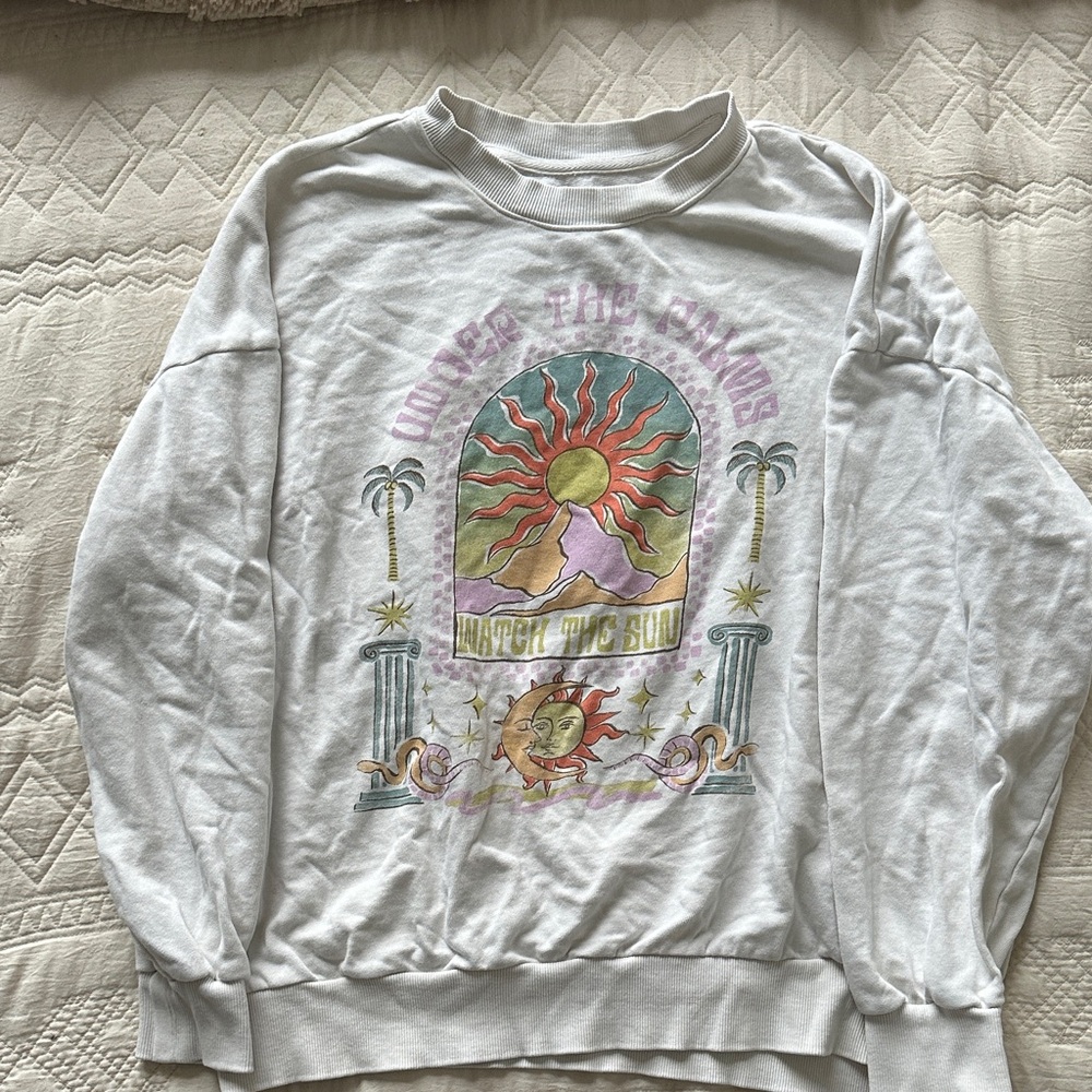 White Graphic Sweatshirt with Sun Design